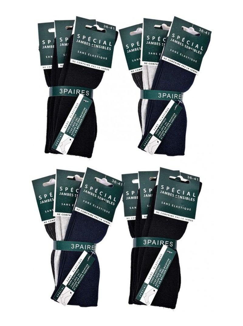 Sokken zonder elastisch dames Gevoelige Benen - Set van 12 Zwart Antracietgrijs Blauw - Kiabi
