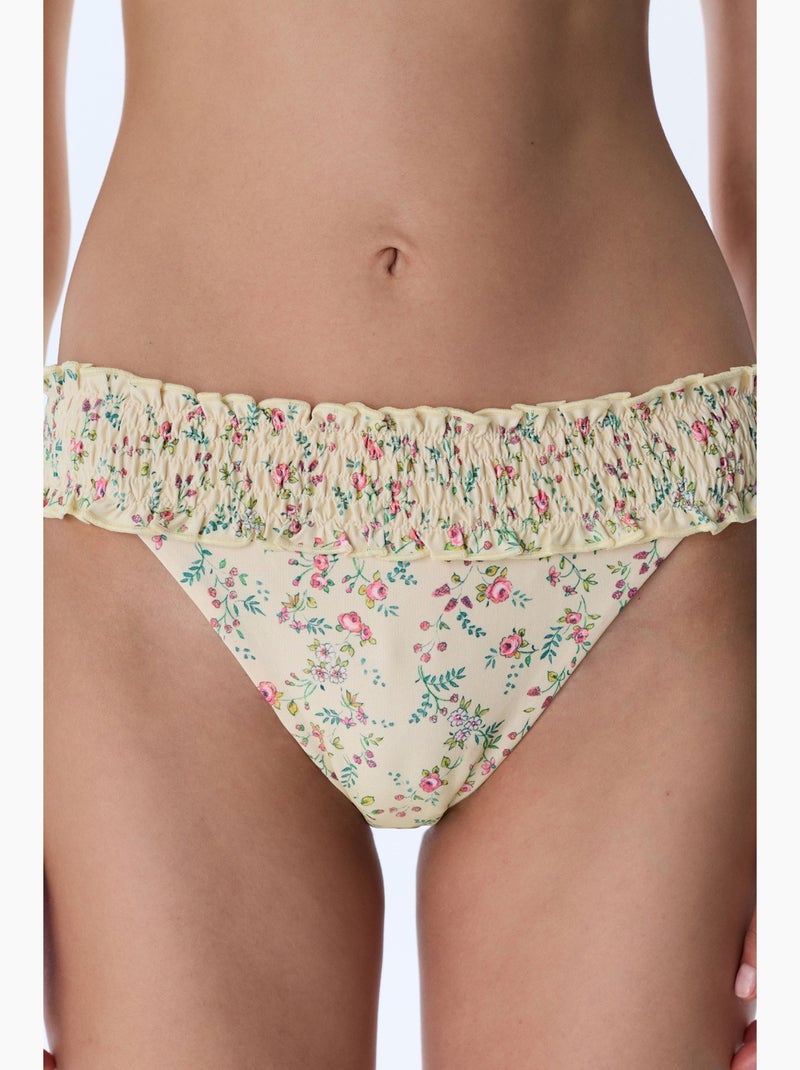 Sonya bikinibroekje met plooien en bloemenprint, middelhoge taille penti Crème - Kiabi