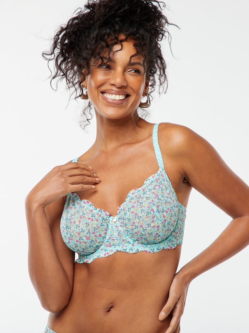Soutien-gorge bonnet D/E en dentelle fleurie ajourée BLEU - Kiabi