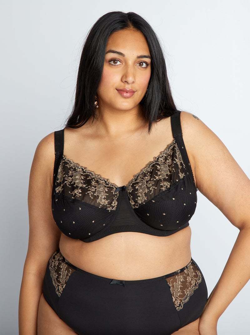 Soutien-gorge en dentelle fleurie bicolore noir - Kiabi