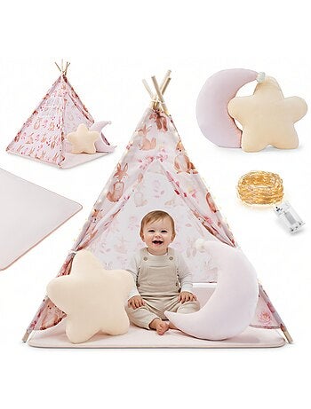 Speeltent tipi voor kinderen vanaf 3 jaar – met led-verlichting, speelmat en 2 kussens