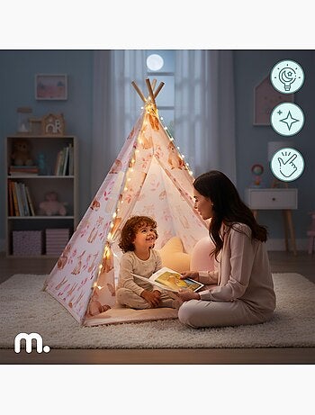 Speeltent tipi voor kinderen vanaf 3 jaar – met led-verlichting, speelmat en 2 kussens