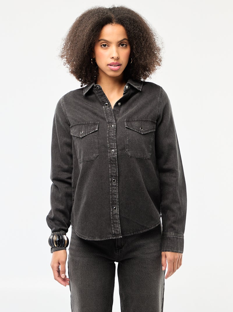 Spijkeroverhemd met 2 opgestikte borstzakjes met klepje Zwart - Kiabi