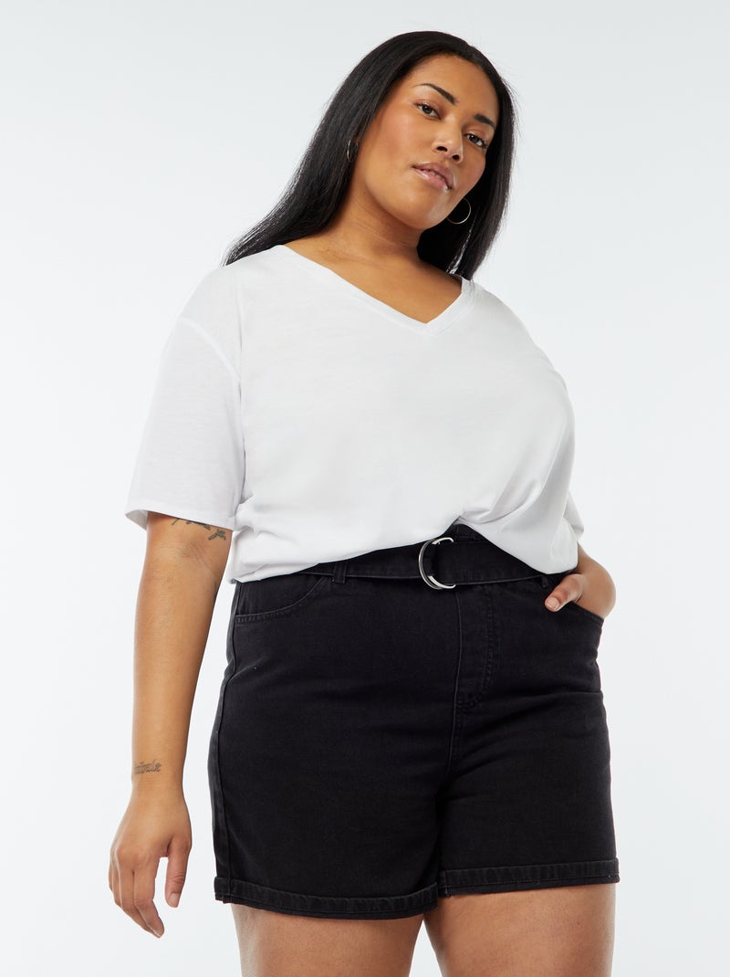 Spijkershort met hoge taille en ceintuur Zwart - Kiabi