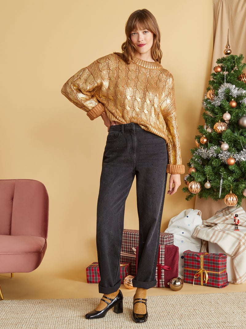 Straight-fit broek met hoge taille en stras - L32 GRIJS - Kiabi