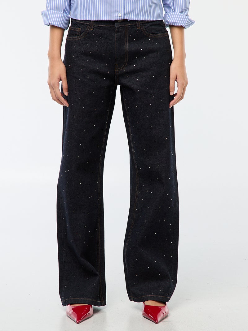 Straight-fit denim broek met stras Blauw - Kiabi