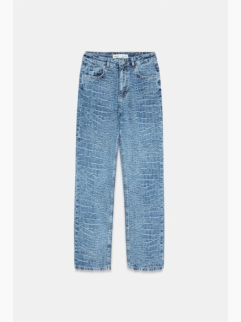 Straight jeans met hoge taille en structuur dilvin Saffierblauw - Kiabi