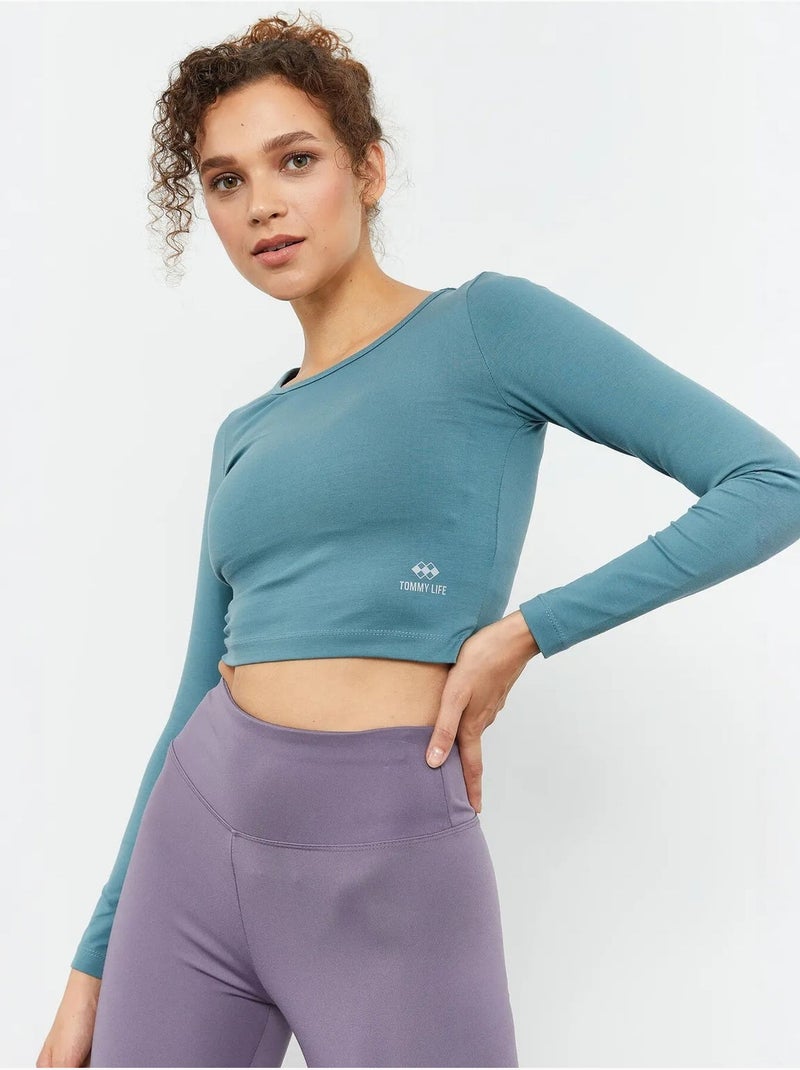 Strak crop top met lange mouwen tommy Petrolblauw - Kiabi