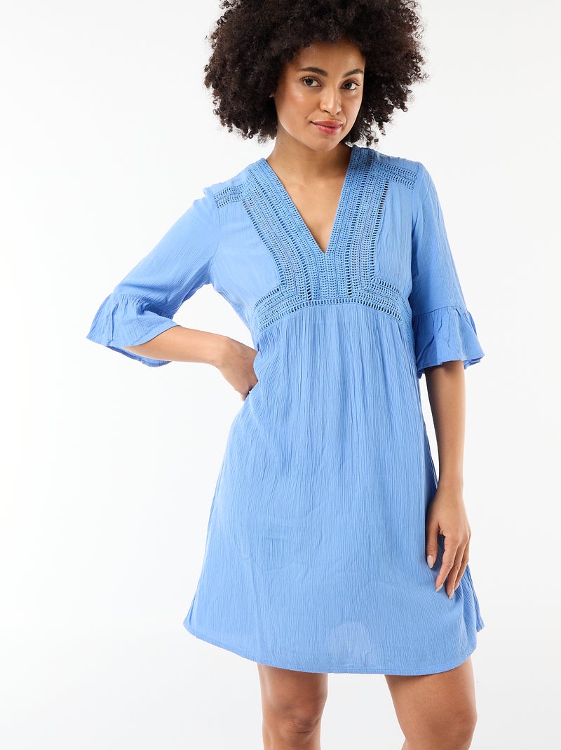 Strandjurk van crêpetricot en macramé Blauw - Kiabi