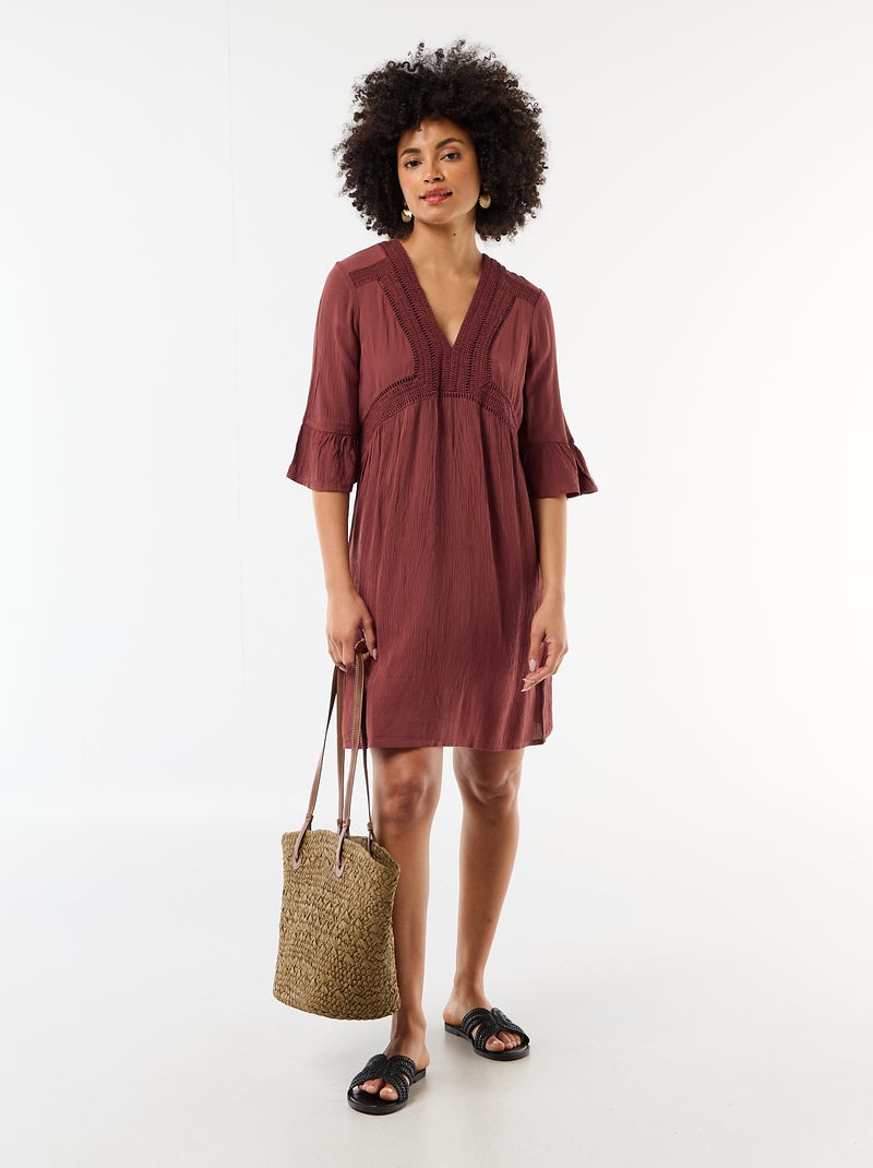 Strandjurk van crêpetricot en macramé Bruin - Kiabi