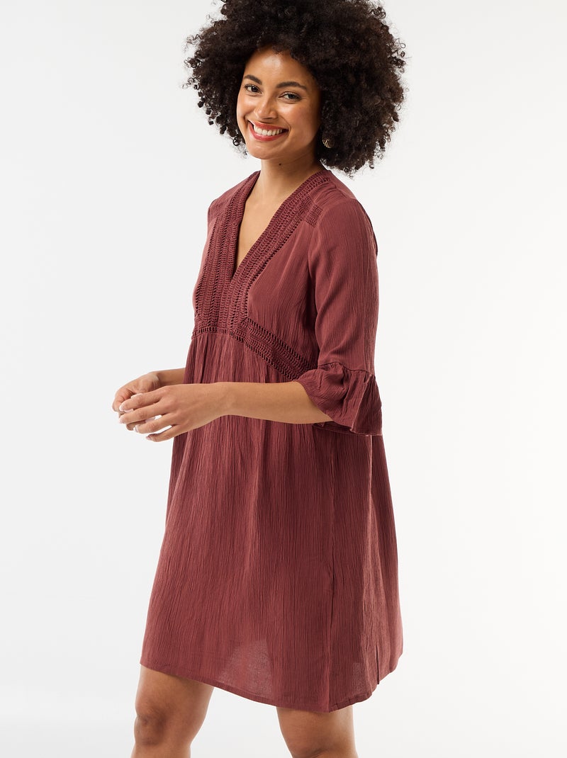 Strandjurk van crêpetricot en macramé Bruin - Kiabi