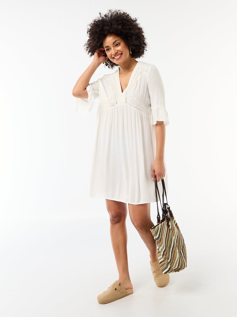 Strandjurk van crêpetricot en macramé Wit - Kiabi