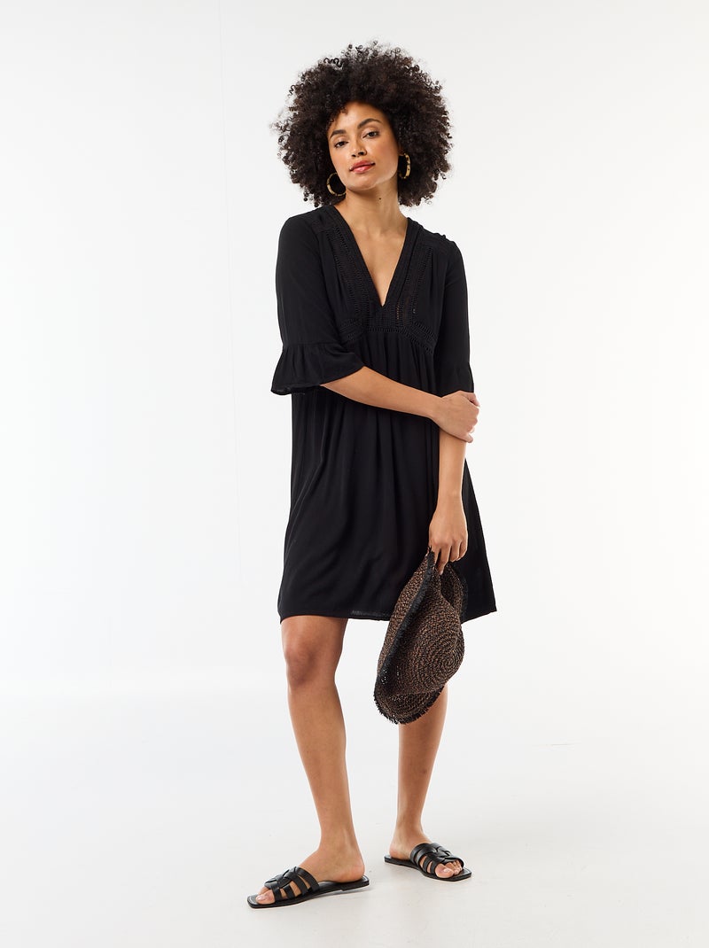 Strandjurk van crêpetricot en macramé Zwart - Kiabi