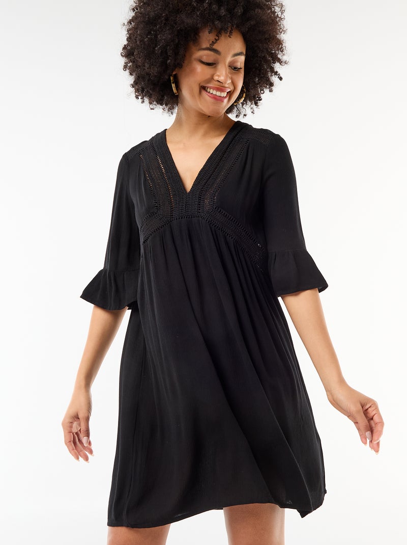Strandjurk van crêpetricot en macramé Zwart - Kiabi