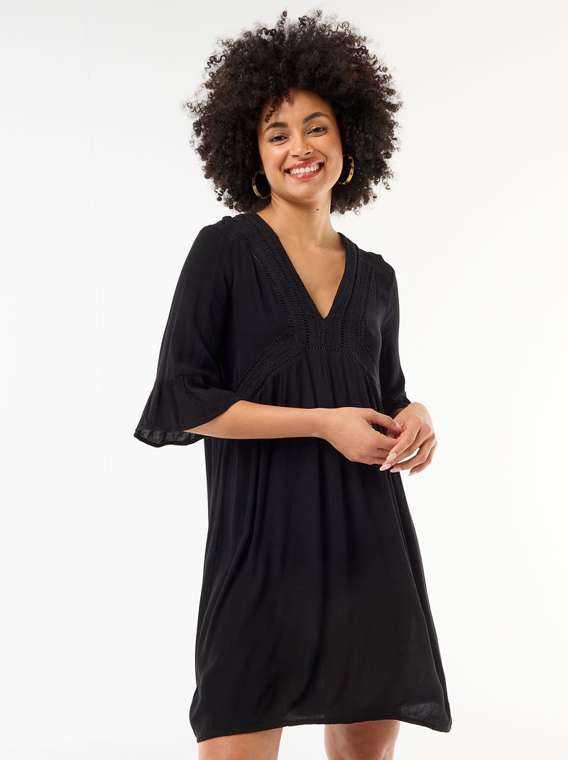 Strandjurk van crêpetricot en macramé Zwart - Kiabi