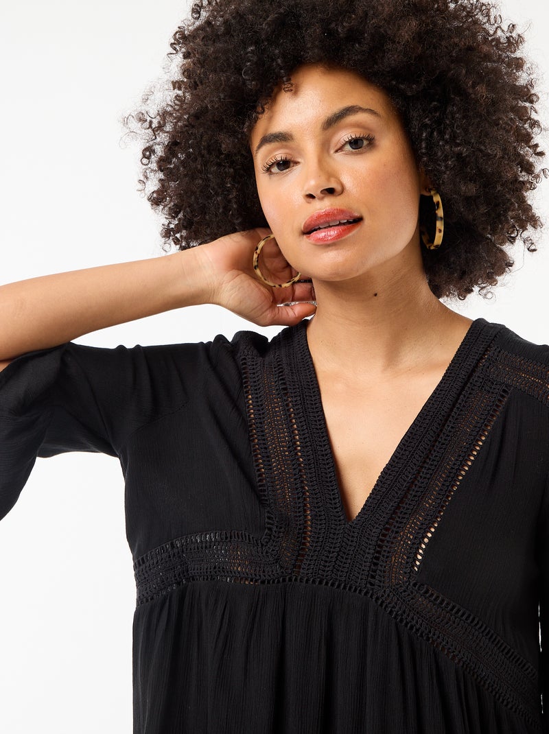 Strandjurk van crêpetricot en macramé Zwart - Kiabi