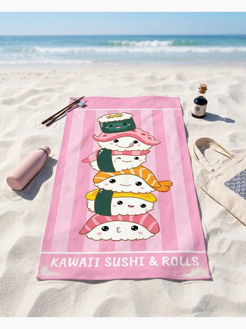 Strandlaken 70x140 cm 100% Polyester | Kawaii Sushi & Rolls Gestapeld Roze Strepen Japans - Kiabi Strandlaken 70x140 cm 100% Polyester | Kawaii Sushi & Rolls Gestapeld Roze Strepen Japans - Kiabi