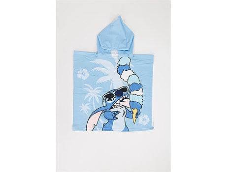 Strandponcho Disney Stitch IJsje 55x110cm – Hemelsblauw Hibiscus – Capuchon – 100% Polyester – Offic