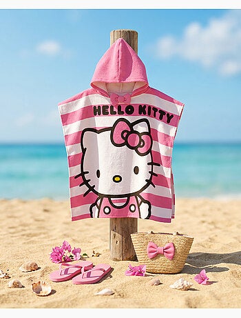 Strandponcho Hello Kitty 60x120cm – Roze Witte Strepen – Puntige Capuchon – 100% Polyester – Officië