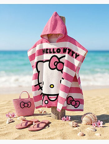 Strandponcho Hello Kitty 60x120cm – Roze Witte Strepen – Puntige Capuchon – 100% Polyester – Officië