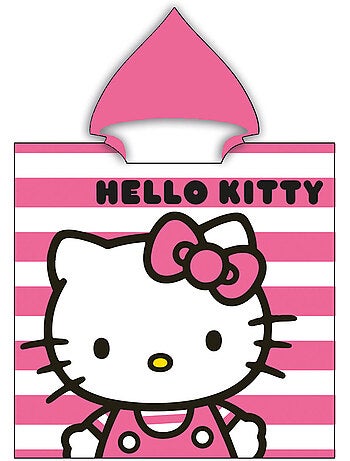 Strandponcho Hello Kitty 60x120cm – Roze Witte Strepen – Puntige Capuchon – 100% Polyester – Officië