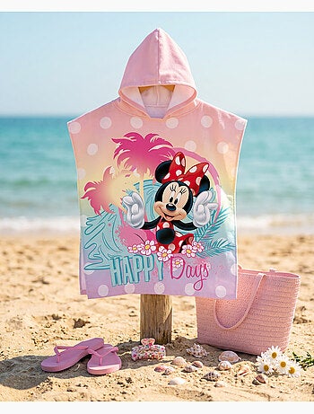 Strandponcho Minnie Mouse Happy Days 55x110cm – Pastel Roze – Capuchon – 100% Polyester – Officiële