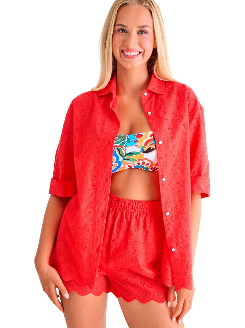 Strandshirt met driekwart mouwen panama Rood - Kiabi