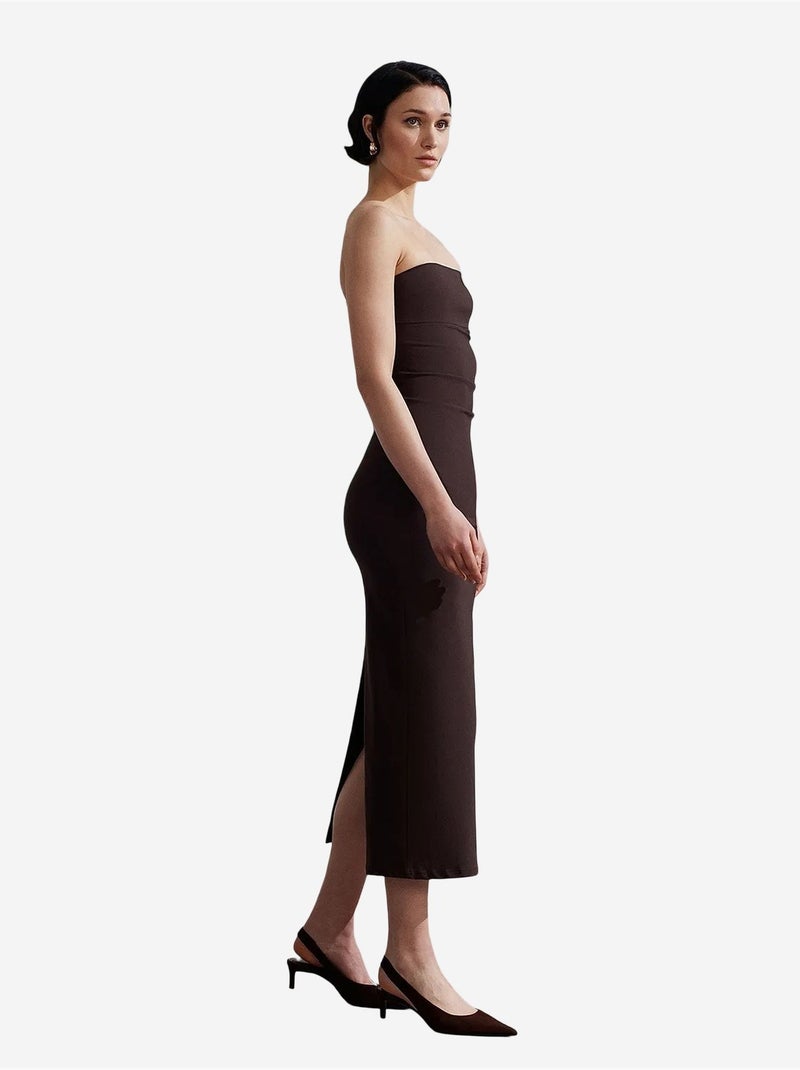 Strapless bodycon midi-jurk met split dilvin Chocoladebruin - Kiabi