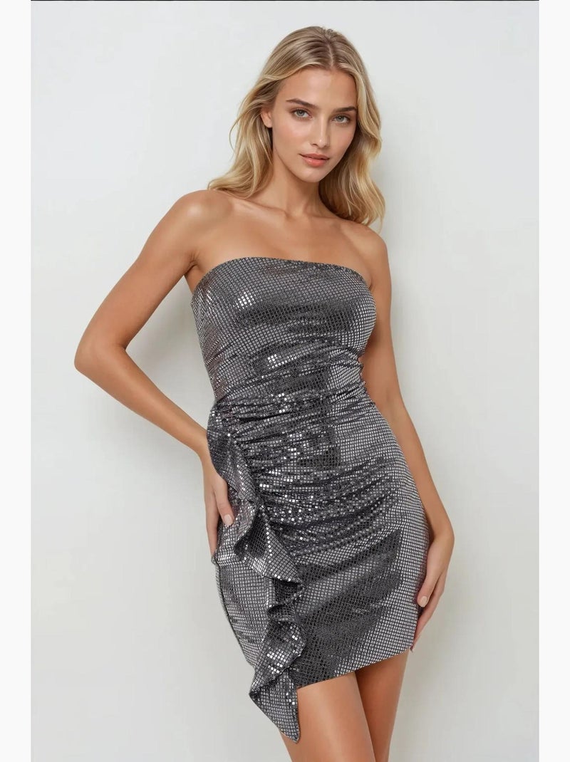 Strapless bodycon mini-jurk met pailletten en drapedetail hiccup Zilver - Kiabi