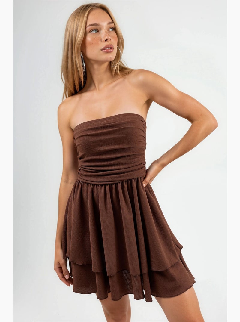 Strapless mini-jurk met ruches hiccup Chocoladebruin - Kiabi