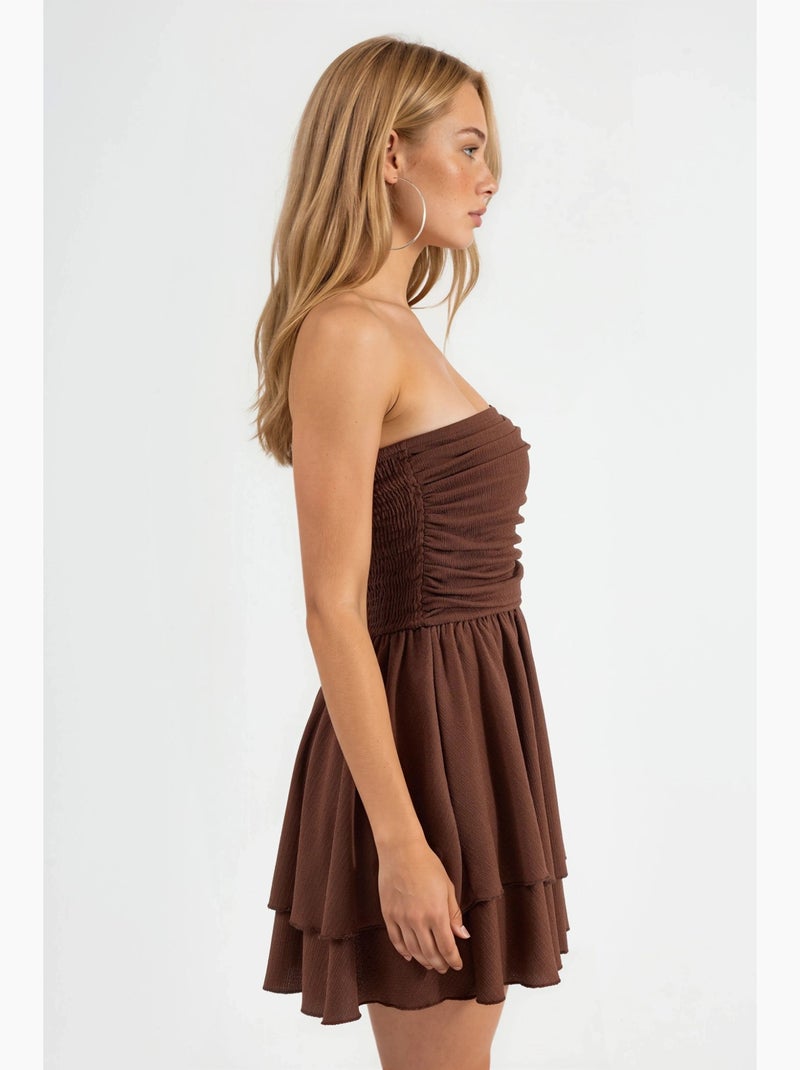 Strapless mini-jurk met ruches hiccup Chocoladebruin - Kiabi
