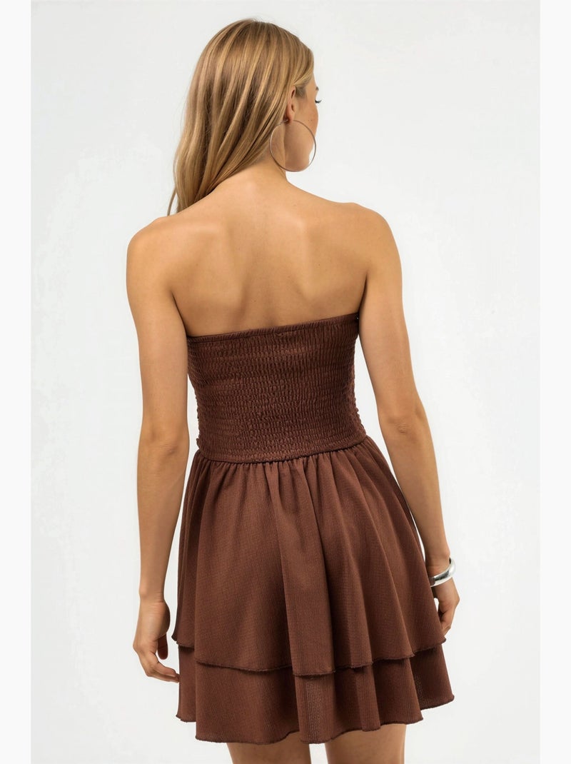 Strapless mini-jurk met ruches hiccup Chocoladebruin - Kiabi