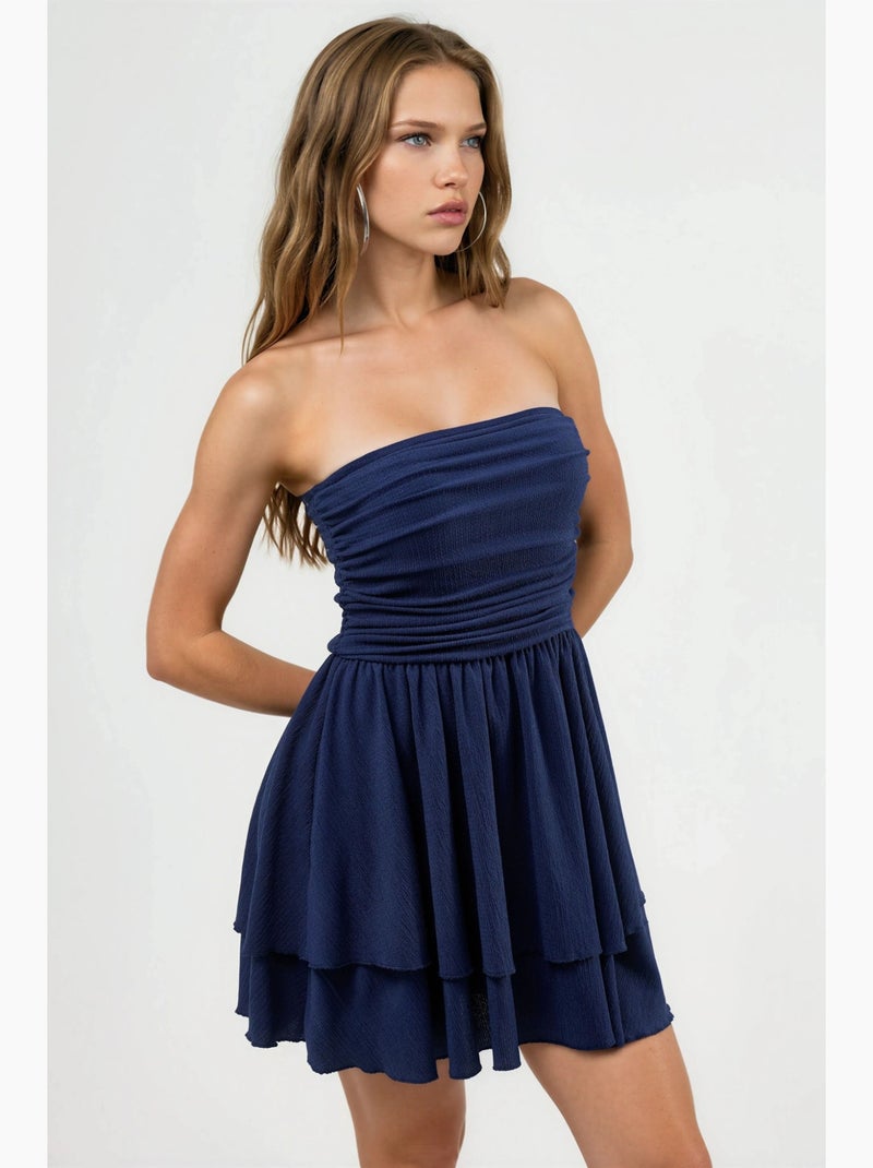 Strapless mini-jurk met ruches hiccup Marineblauw - Kiabi