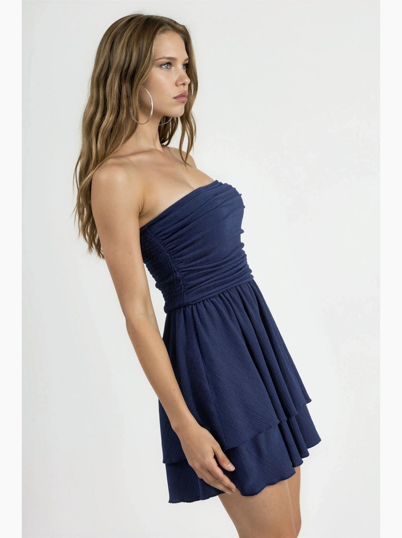 Strapless mini-jurk met ruches hiccup Marineblauw - Kiabi