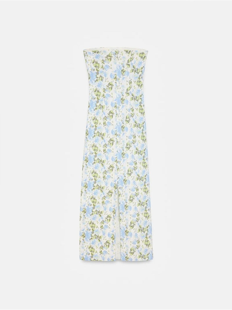 Straploze midi bodyconjurk met bloemenprint dilvin Hemelsblauw - Kiabi