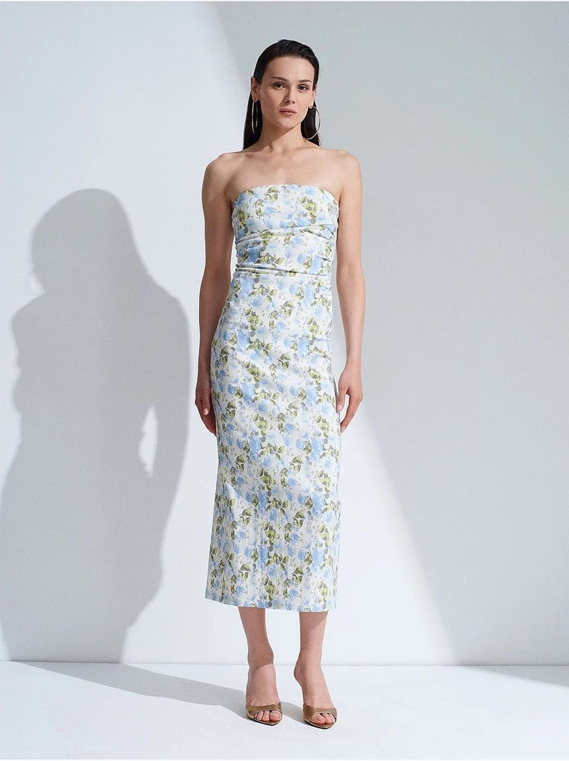 Straploze midi bodyconjurk met bloemenprint dilvin Hemelsblauw - Kiabi
