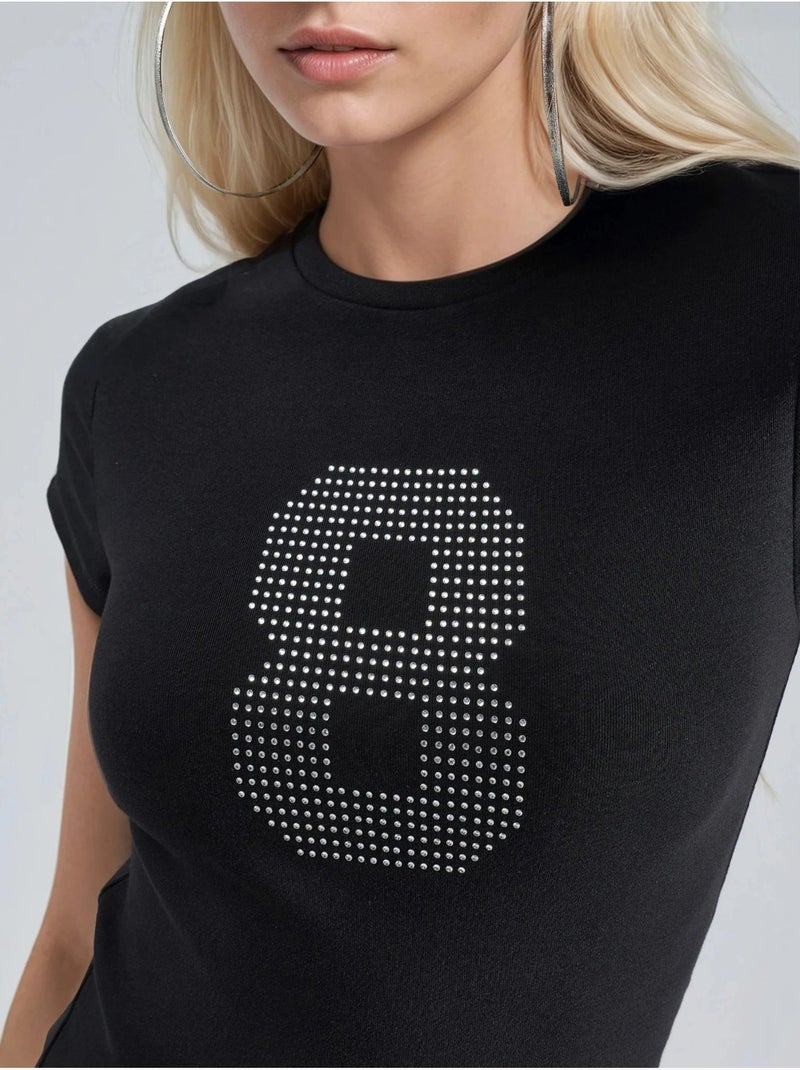 Stretch gebreid t-shirt met korte mouwen en steendetail busem Zwart - Kiabi