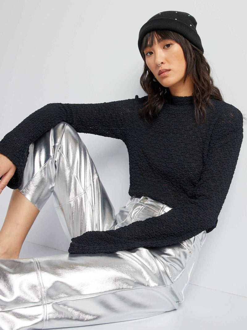 Stretchshirt van ajourtricot met kant zwart - Kiabi