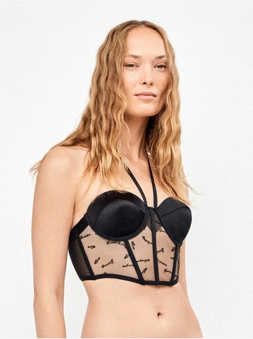 Sujetador bustier con tiras al cuello, tejido satén y texto bordado - Kiabi