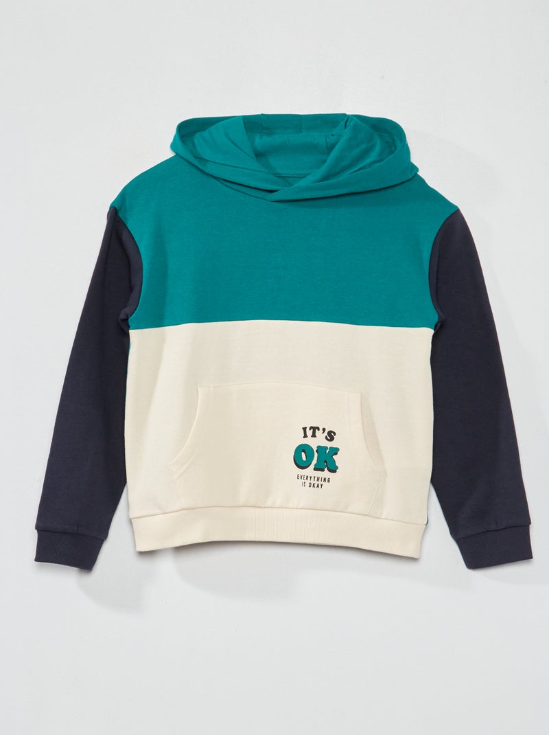 Sweat à capuche colorblock et message fantaisie Vert/blanc/marine - Kiabi