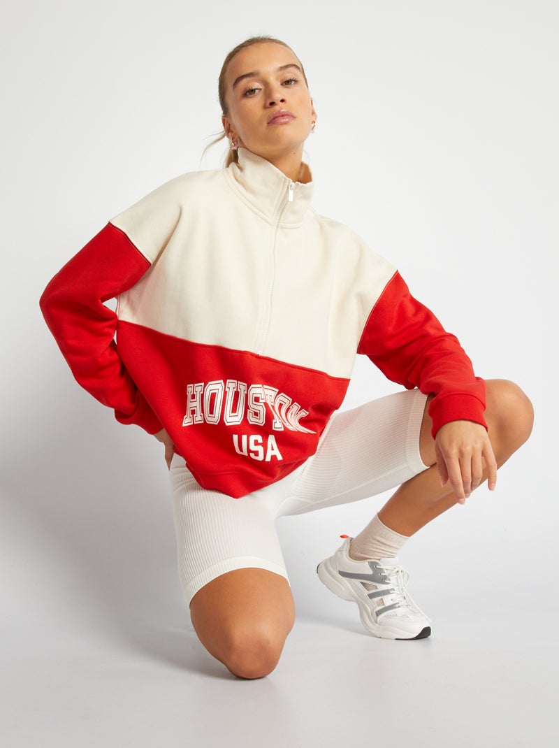 Sweat à col zippé Beige/rouge - Kiabi