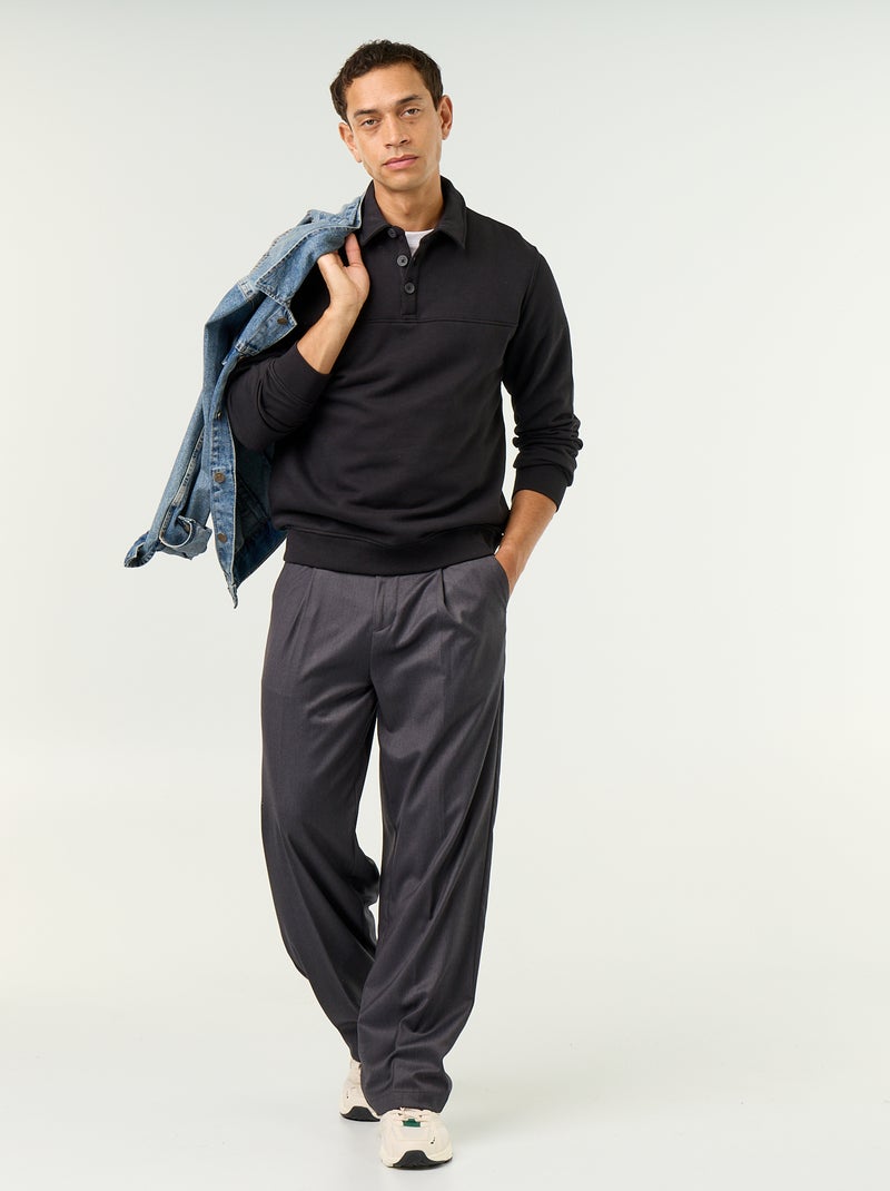 Sweat col polo en molleton Noir - Kiabi