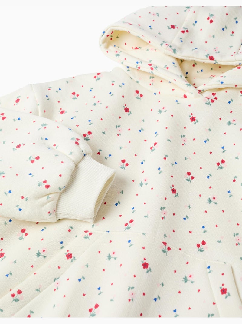 Sweat en coton peigné à capuche et motif floral Blanc - Kiabi