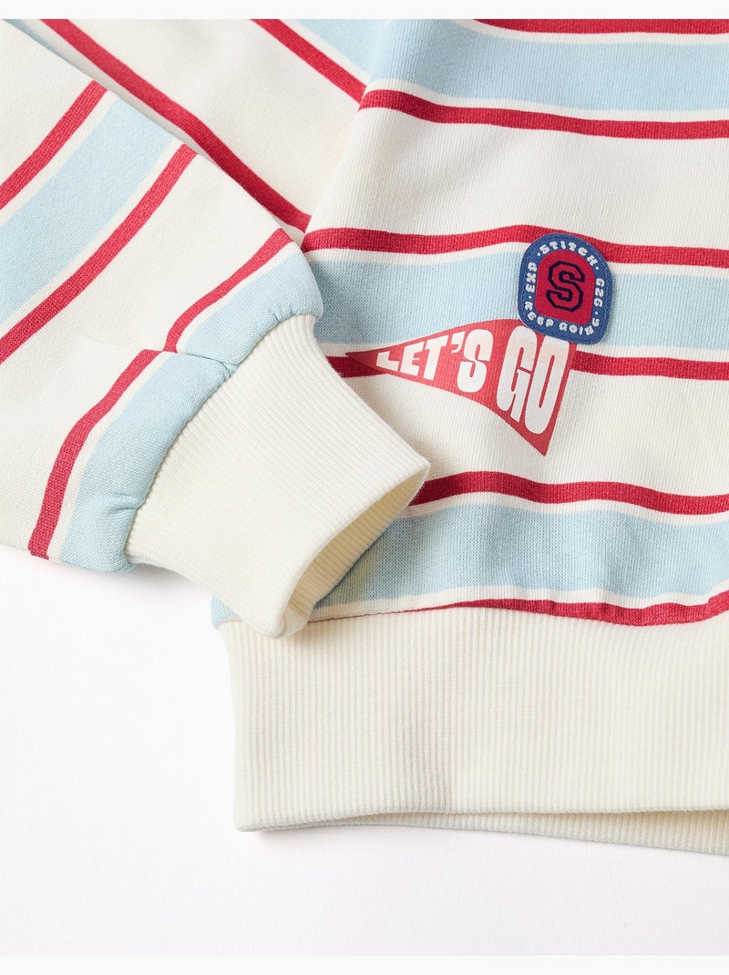 Sweat en coton peigné à rayures et capuche stitch Blanc - Kiabi