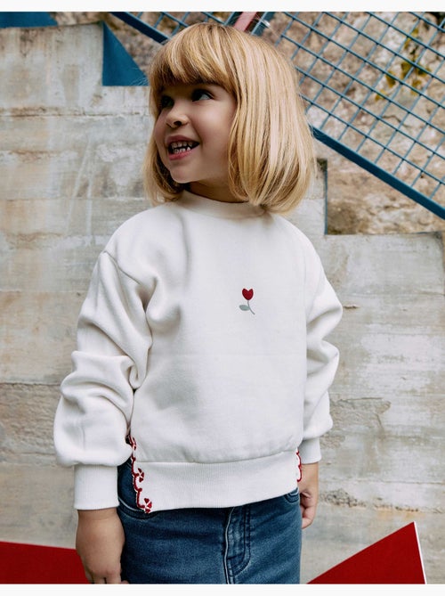 Sweat en coton peigné avec fleur brodée - Kiabi