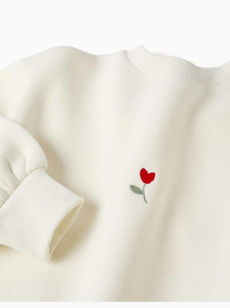 Sweat en coton peigné avec fleur brodée Blanc - Kiabi