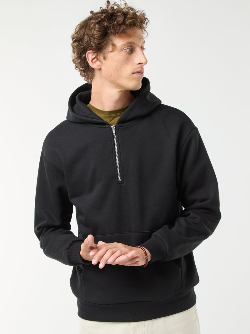 Sweat en molleton à capuche avec ouverture zippée au col Noir - Kiabi