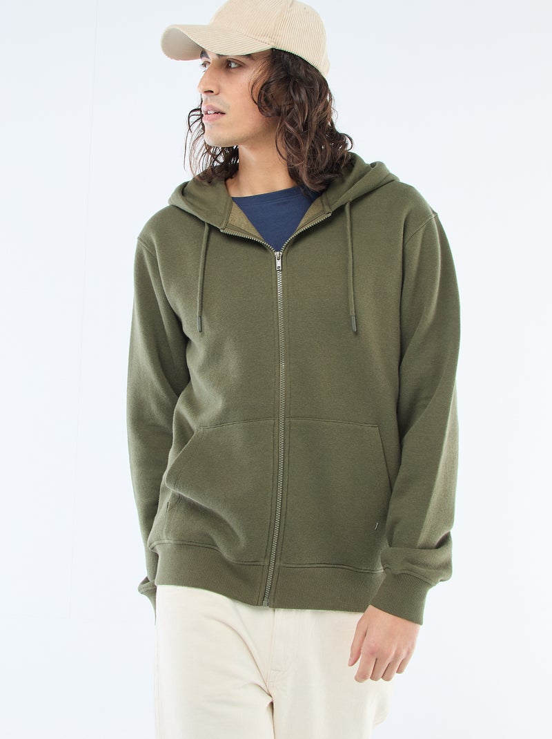 Sweat en molleton zippé à capuche Kaki - Kiabi