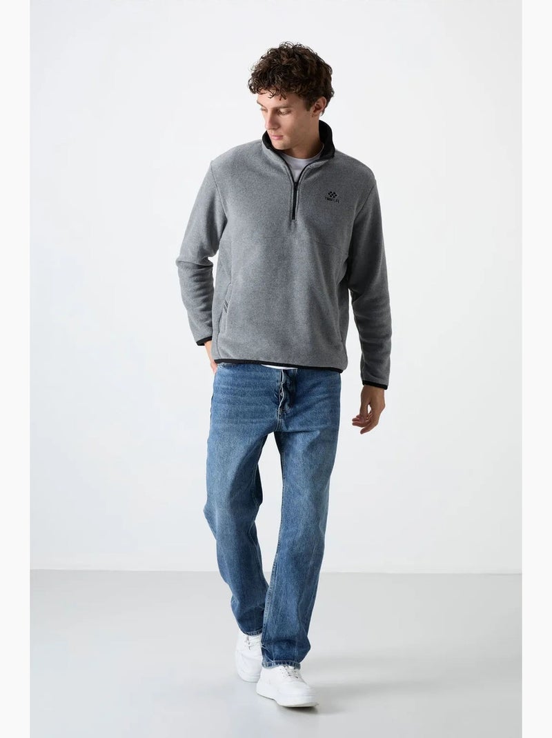 Sweat homme demi-zippé en maille peluche tommy Gris - Kiabi
