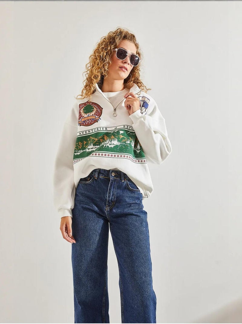 Sweat oversize imprimé à col zippé lucci Blanc - Kiabi